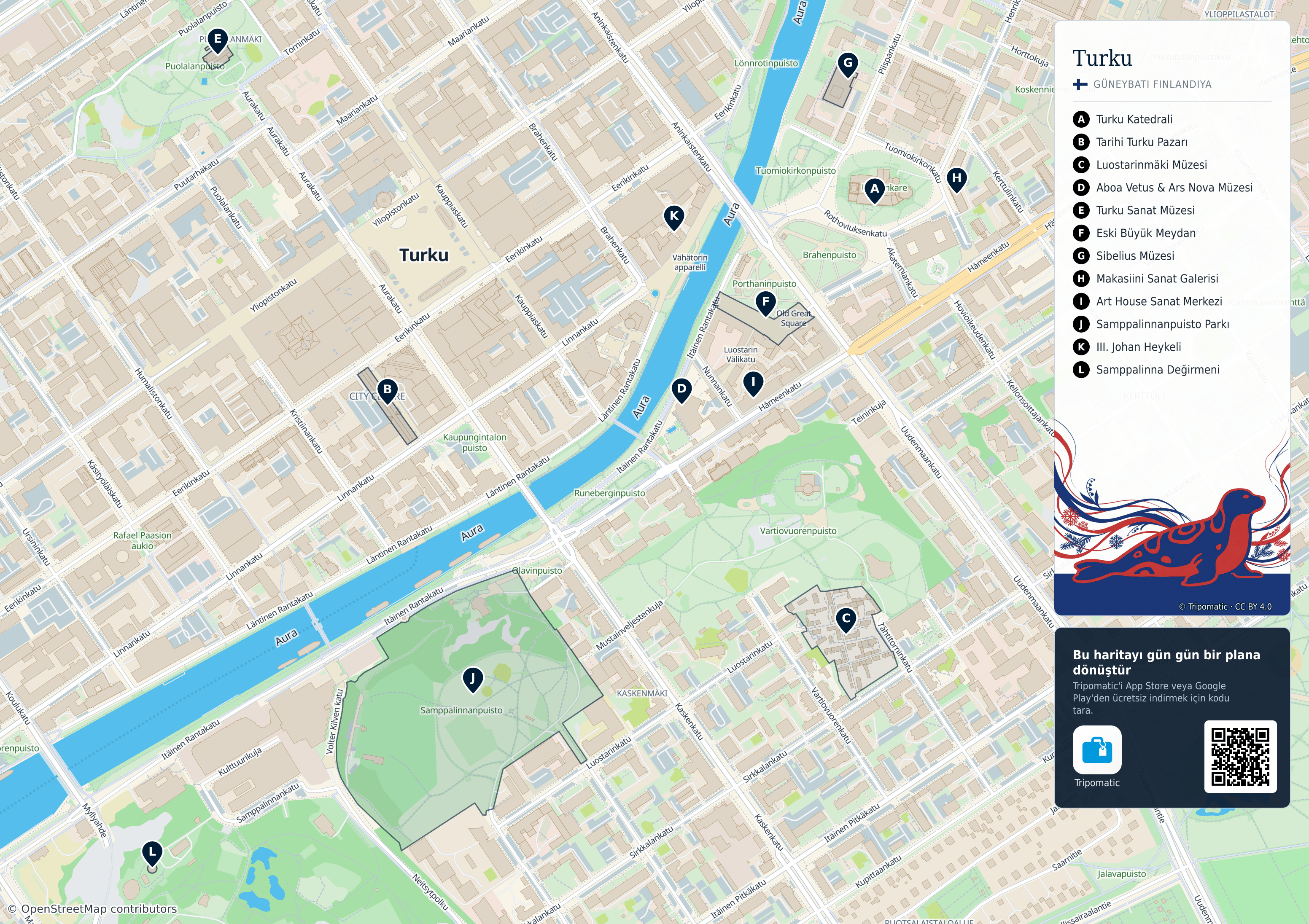 Turku – numaralandırılmış popüler turistik yerleri gösteren yazdırılabilir turist haritası