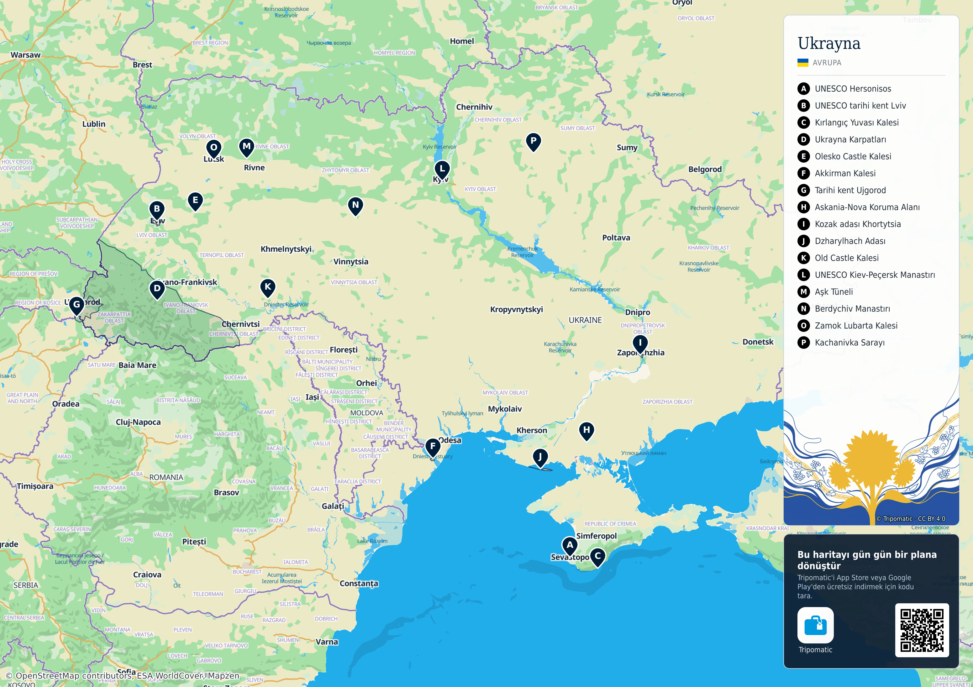 Ukrayna – numaralandırılmış popüler turistik yerleri gösteren yazdırılabilir turist haritası